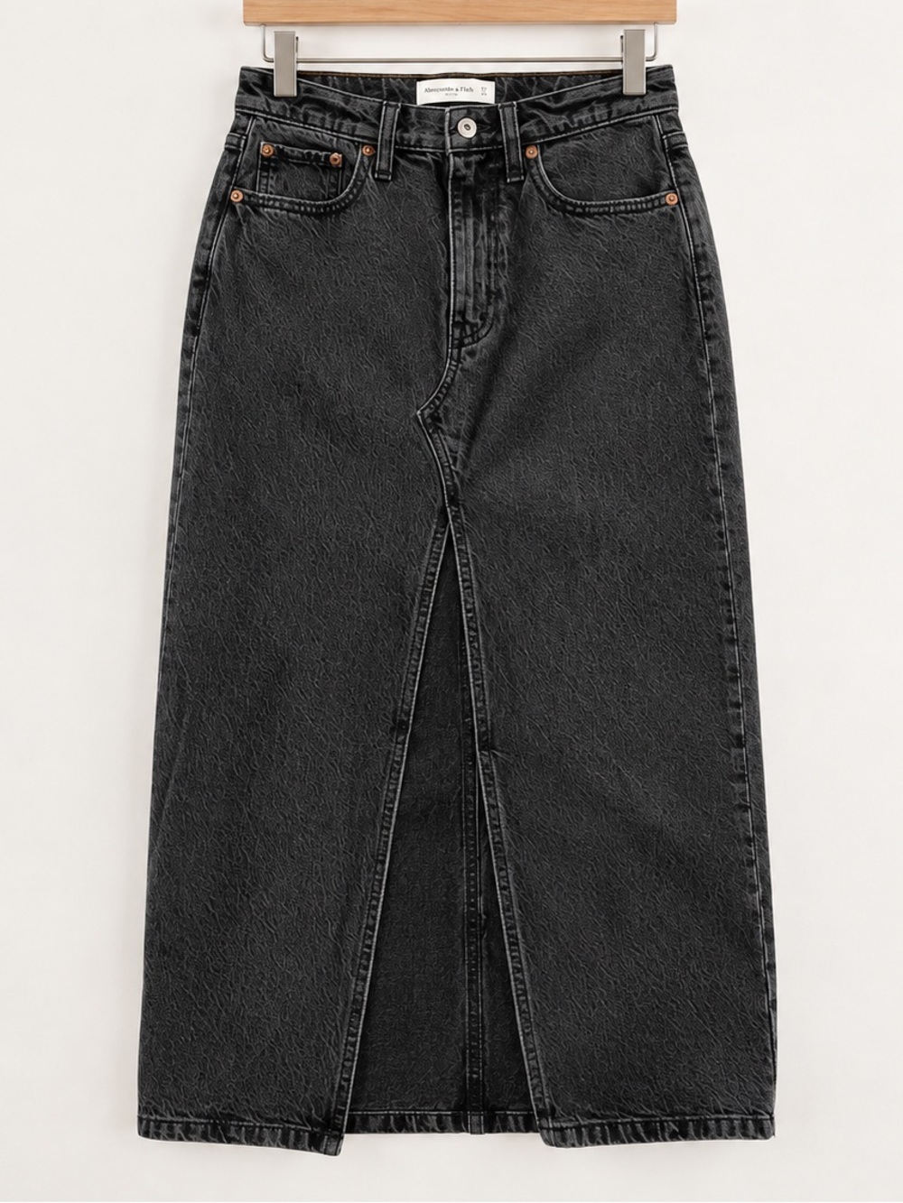 Abercrombie High Rise Denim Midi Skirt 27 Washed Black Front Slit 90s Minimalist